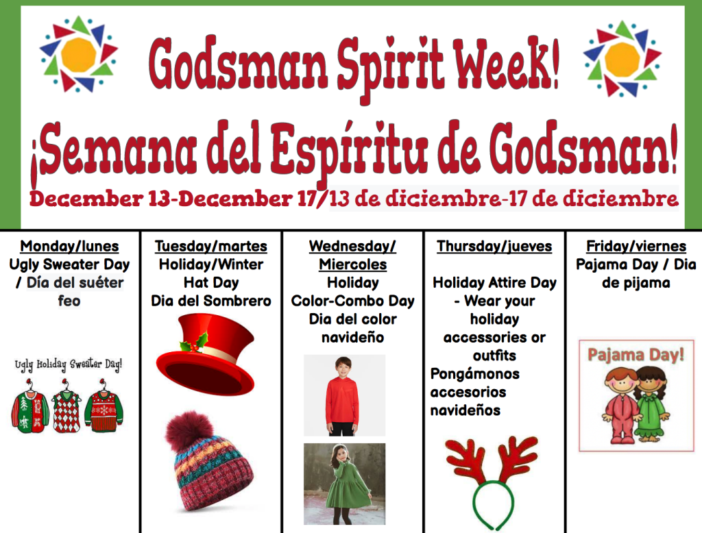 Godsman Elementary » December Spirit Week Starts on Monday!